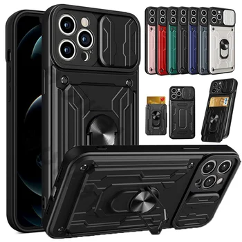 Pentru iPhone 13 Pro Max Cazul Slot pentru Card Holder Slide Suport Kickstand Inel Camera Militare 12 11 Pro Max SE 2020 XR XS Acoperi Shell