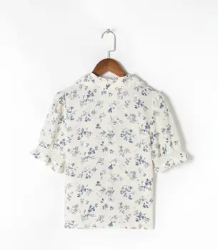 Floral Print Shirt Femei Dantelă Bluza V-neck Dintata Noi Toate-meci Blând Moda Maneca Scurta Top de Vara