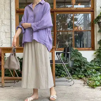 Johnature Noua Toamna-coreean Culoare Solidă Vrac Femei Topuri Si Bluze 2021 Noi Guler de Turn-down Neregulate de sex Feminin Tricouri