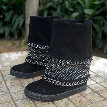 2021 Cizme Noi Femeile Platforma din Piele Pantofi de 8 CM Grosime Jos Botas De Mujer Rotund Toe Chelsea de la Jumătatea Vițel Cizme de Iarna