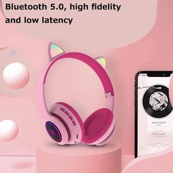 Drăguț Pisică Ureche Wireless Bluetooth-compatibil 5.0 set de Căști Cu Microfon, LED-uri de Iluminat de Jocuri cu Cască setul cu Cască de Telefon Copii