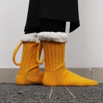 3D Halbă de Bere Șosete Drăguț Unisex Amuzant Noutate Galben Tricot Șosete groase de Iarna Gros Etaj Șosete pentru Bărbați, Femei Cadou de Crăciun H9
