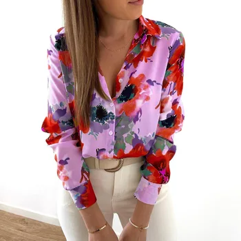 Rândul Său, În Jos Guler Camasa Cu Maneca Lunga De Toamna Femei Buton-Up Bluza Office Doamnelor Moda Topuri Supradimensionate Floral Print Shirt Blusas