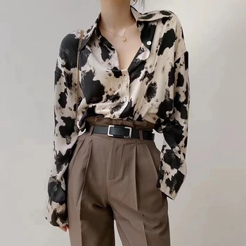 Coreean Toamna Femei Sexy Leopard de Imprimare Tricouri Casual Vintage Singur cu Pieptul în jos Rândul său Guler Șifon Bluze Plus Dimensiune 4xl