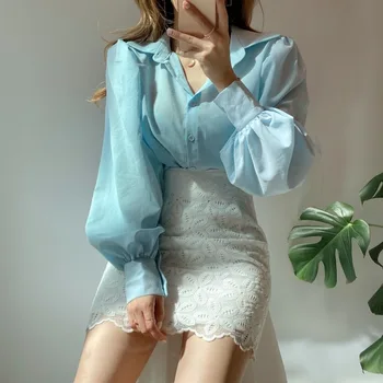 Coreeană Bluza Chic Pentru Femei Cămăși Simple, Solide Violet Alb Rever Maneca Lunga Tricou Vrac Bluze Elegante, Topuri Blusas Mujer 12492