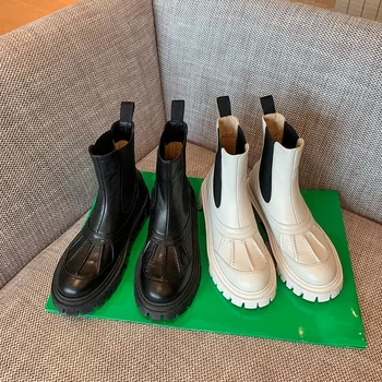 MStacchi Piele naturala Cizme Femei Culoare Solidă Rotund Toe Non-Alunecare de Externe Purta Platforma Femme Pantofi Cizme Jumătatea vițel Mujer