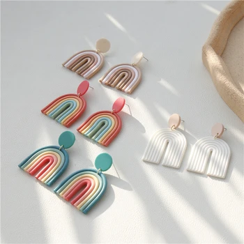 Coreea de Noi Gradient de Lut Ceramică de Culoare Curcubeu Geometrice Arcuite, Colorate Linie Handmade Lung Picătură Cercei pentru Femei Bijuterii