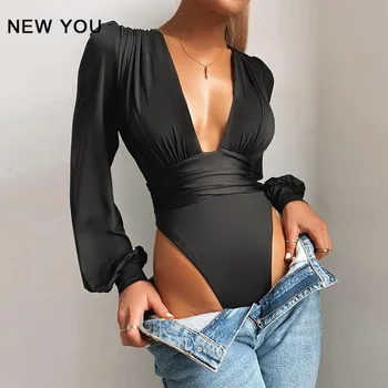 Toamna Sexy V-neck Shirt Spring Fashion Design de Top Low Cut Solide dintr-O bucata Tricou Slim Felinar Bluze Femei Topuri cu Maneci Lungi