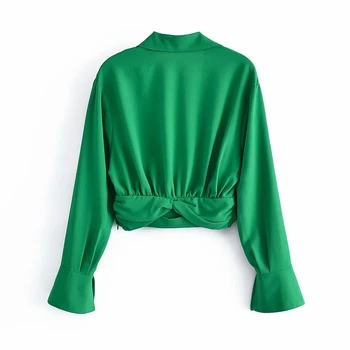 XNWMNZ Femei de Moda Rândul său, în Jos Guler Înnodate Culoare Verde Scurt, Halat Bluza Feminin BM Y2K Maneca Lunga Tricou Subțire Șic Culturilor Topuri