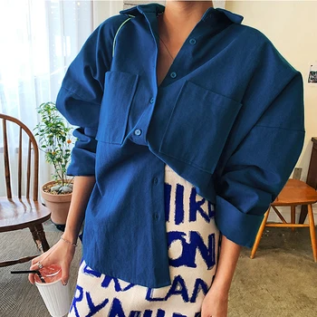 Noi de moda High Street Femei Solide Tricouri cu Guler Alb Albastru Doamnelor Cămașă Mâneci pentru Femei Haine Casual 2021